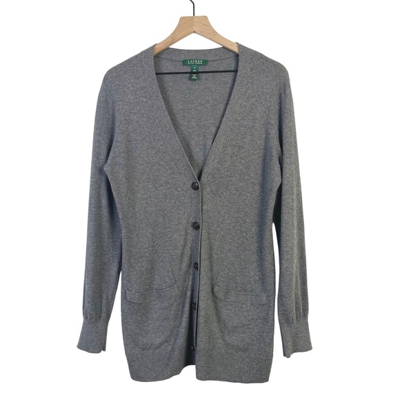 Lauren Ralph Lauren VTG Classic Cotton Cashmere Blend Cardigan Sweater Gray M - Picture 1 of 6